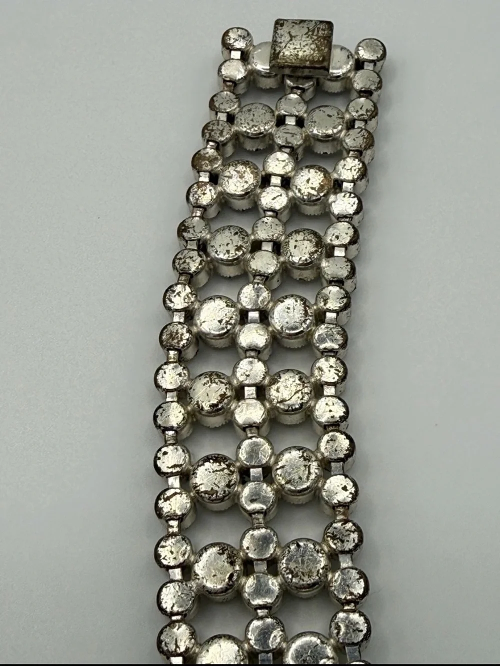 Vintage 1950s Czech Clear Rhinestone Lattice Link Bracelet 4-Row Openwork 6.75”